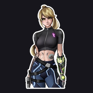 May include: A sticker featuring a futuristic female character with blonde hair and green eyes. She wears a black crop top with a zipper, blue pants with neon accents, and a cybernetic arm. A tattoo is visible on her arm and stomach.