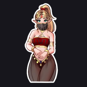 May include: A sticker featuring a cartoon character with blonde hair in a high ponytail, wearing a red top, brown pants, and gold jewelry. The character has a black face covering and pointed ears, with a red gem on the forehead.