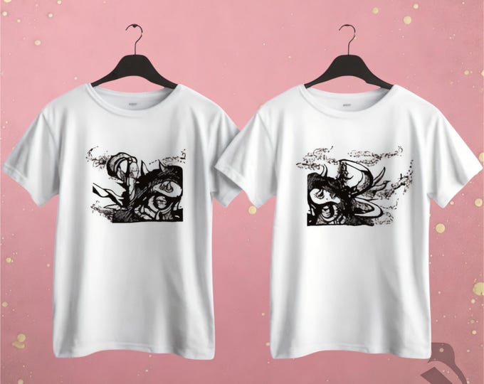 Big Furry Monster Shirts: Linocut Print Set on Vintage Black