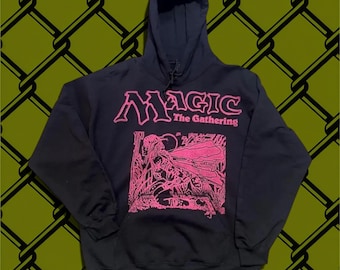 Sudadera con capucha de Magic the Gathering: diseño Earthbind estampado a mano, rosa brillante.
