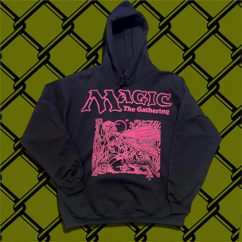 Sudadera con capucha de Magic the Gathering: diseño Earthbind estampado a mano, rosa brillante. imagen 1