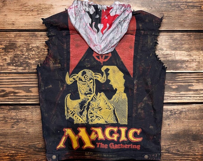 Magic The Gathering Vest: Hand Block Printed Denim, Unisex S-XL