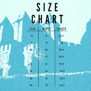 The image is a size chart that provides measurements for different sizes, including XS, S, M, L, XL, 2XL, 3XL, and 4XL. The chart is set against a background of a castle or palace, which appears to be a silhouette of a building. The chart is designed to help customers determine the appropriate size for a garment based on their height and body measurements.