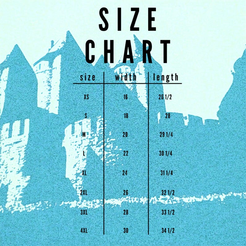 The image is a size chart that provides measurements for different sizes, including XS, S, M, L, XL, 2XL, 3XL, and 4XL. The chart is set against a background of a castle or palace, which appears to be a silhouette of a building. The chart is designed to help customers determine the appropriate size for a garment based on their height and body measurements.