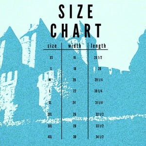 The image is a size chart that provides measurements for different sizes, including XS, S, M, L, XL, 2XL, 3XL, and 4XL. The chart is set against a background of a castle or palace, which appears to be a silhouette of a building. The chart is designed to help customers determine the appropriate size for a garment based on their height and body measurements.