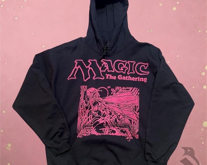Magic the Gathering Hoodie: Hand-Printed Earthbind Design, Bright Pink