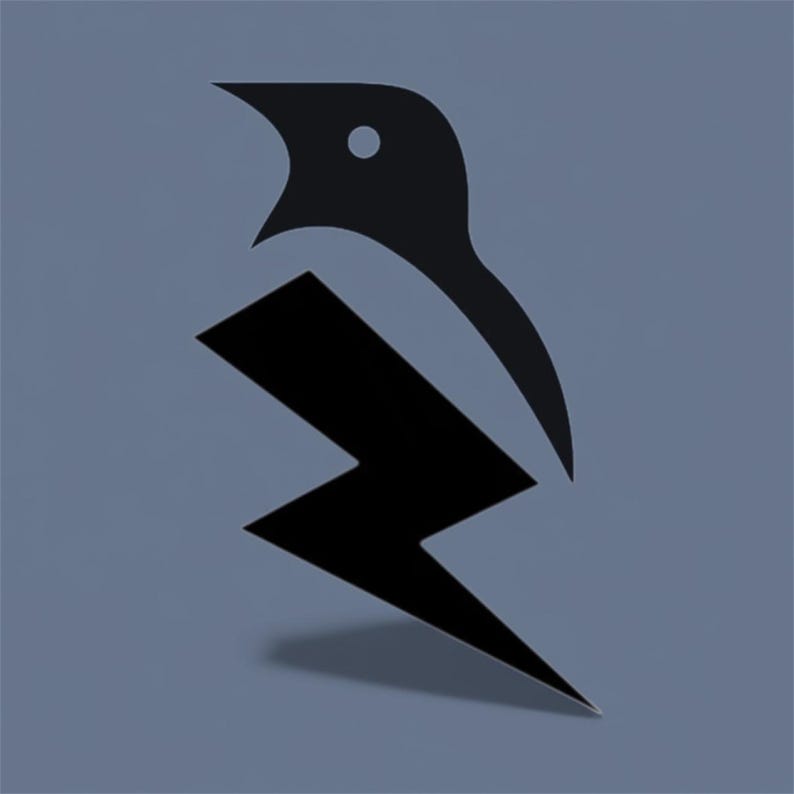 A stylized bird-like symbol with a lightning bolt-like shape, set against a blue background.