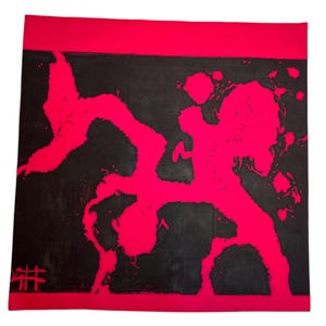 Puede incluir: Obra de arte abstracta con un diseño rosa vibrante sobre un fondo negro. La obra, de formato cuadrado, tiene un borde rosa y una firma en la esquina inferior izquierda. El diseño parece ser una representación estilizada de formas orgánicas.