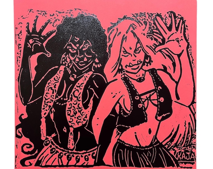 Magic Witches Linocut Print, Hand-Printed (12x12 Inches)