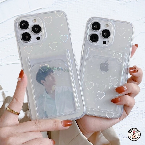 Kpop photocard phone case transparent holographic heart cute custom design iphone 15 14 13 12 11 Pro Max