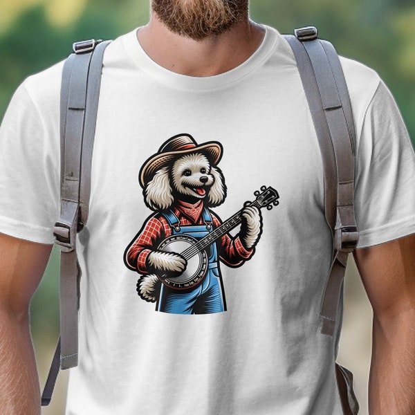 Poodle Dog Playing Banjo Graphic T-Shirt, Unique Music Lover Pet Design Tee, Casual Canine Themed Clothing