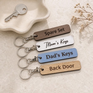 Può includere: Quattro portachiavi rettangolari in legno con moschettoni e anelli in metallo. Il primo è marrone scuro con il testo Spare Set. Il secondo è bianco con Mum's Keys. Il terzo è azzurro con Dad's Keys. L'ultimo è in legno chiaro con Back Door.