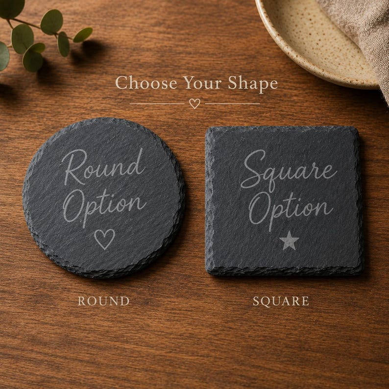 Puede incluir: Dos posavasos de pizarra gris oscuro con bordes rugosos y texturizados. El posavasos redondo est&aacute; grabado con el texto Round Option y un icono de coraz&oacute;n. El cuadrado est&aacute; grabado con el texto Square Option y una estrella. El texto Choose Your Shape aparece centrado arriba.