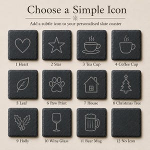 Puede incluir: Una cuadr&iacute;cula de doce posavasos cuadrados de pizarra negra con iconos grabados que incluyen coraz&oacute;n, estrella, taza de t&eacute;, taza de caf&eacute;, hoja, huella, casa, &aacute;rbol de Navidad, acebo, copa de vino y jarra de cerveza, con el texto Choose a Simple Icon.