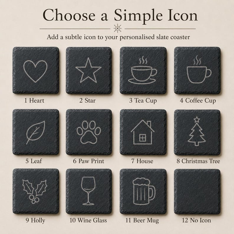Puede incluir: Una cuadr&iacute;cula de doce posavasos cuadrados de pizarra negra con iconos grabados que incluyen coraz&oacute;n, estrella, taza de t&eacute;, taza de caf&eacute;, hoja, huella, casa, &aacute;rbol de Navidad, acebo, copa de vino y jarra de cerveza, con el texto Choose a Simple Icon.