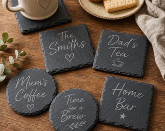 Personalised Laser Engraved Slate Coaster, Round or Square Drink Mat