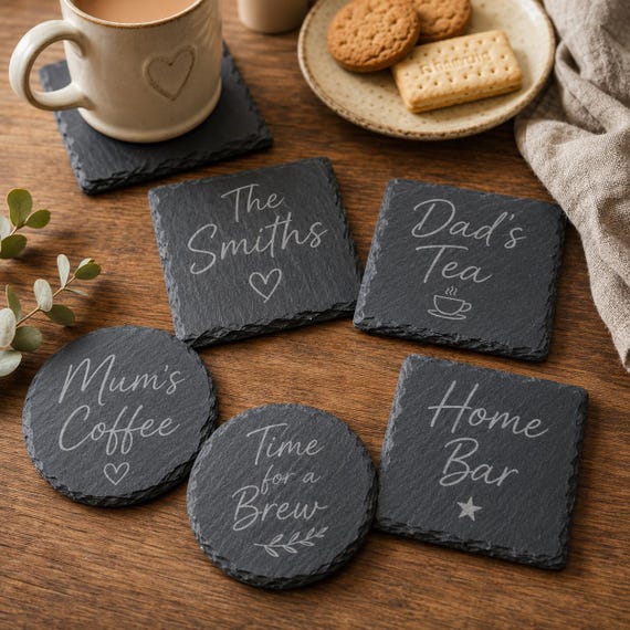 Personalised Laser Engraved Slate Coaster, Round or Square Drink Mat