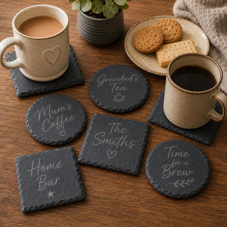 Puede incluir: Una colecci&oacute;n de posavasos de pizarra gris oscuro en formas cuadradas y circulares, con textos grabados que incluyen Grandad's Tea, Mum's Coffee, The Smiths, Home Bar y Time for a Brew, junto a dos tazas de cer&aacute;mica y un plato de galletas.