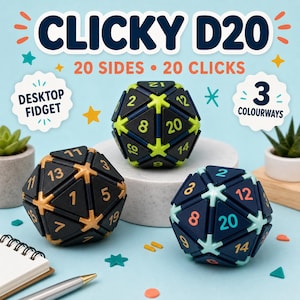May include: Three icosahedron-shaped fidget toys labelled CLICKY D20, 20 SIDES 20 CLICKS, and 3 COLOURWAYS. The dice feature black triangular faces with numbers and contrasting star-shaped connectors in neon green, metallic gold, and light blue.
