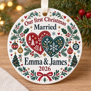 May include: A round white ceramic ornament with a ribbon hanger featuring the text Our first Christmas Married Emma & James 2026. The design includes two large hearts, one red and one dark green, surrounded by holly, pine branches, and ornaments.