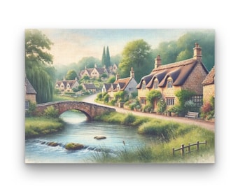 New - Village Digital Art JPG Download, Landscape Series, English Village Watercolor, 5 landscape aspect ratio JPGs (Print VillageS2P1)