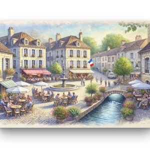 New - Village Digital Art JPG Download, Landscape Series, French Village Watercolor, 5 landscape aspect ratio JPGs (Print VillageS3P1)