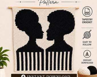 Patrón de tapiz de ganchillo con silueta de pareja negra / Decoración de pared con peine para cabello afro (descarga en PDF)