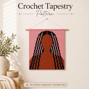 Peut inclure: Un modèle de tapisserie au crochet présentant un graphique pixélisé d'une personne aux longs cheveux noirs sur fond rose. Le texte Crochet Tapestry Pattern figure en haut et le texte PDF DIGITAL DOWNLOAD - PATTERN ONLY est en bas.