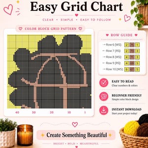 Puede incluir: Un gr&aacute;fico de cuadr&iacute;cula f&aacute;cil para un patr&oacute;n de bloques de color con un dise&ntilde;o negro y bronceado sobre un fondo amarillo. El gr&aacute;fico incluye una gu&iacute;a de filas con instrucciones numeradas para las filas 6 a 10, junto con etiquetas de texto.