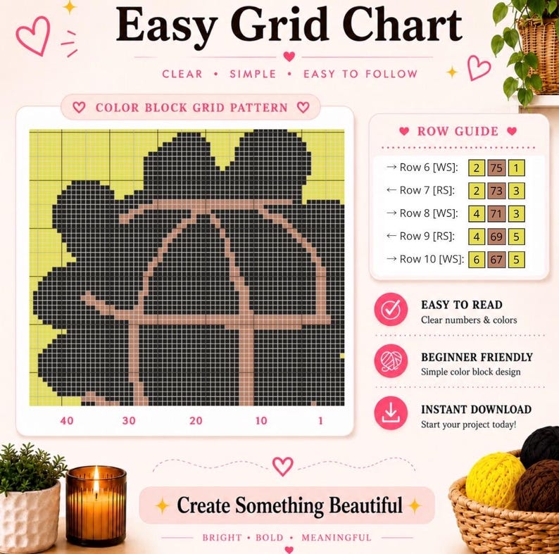 Puede incluir: Un gr&aacute;fico de cuadr&iacute;cula f&aacute;cil para un patr&oacute;n de bloques de color con un dise&ntilde;o negro y bronceado sobre un fondo amarillo. El gr&aacute;fico incluye una gu&iacute;a de filas con instrucciones numeradas para las filas 6 a 10, junto con etiquetas de texto.