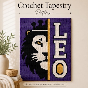 May include: A square crochet tapestry pattern featuring a purple background with a split design. The left side shows a black and white lion head with a crown, and the right side displays the white text LEO with a yellow center in the letter O.