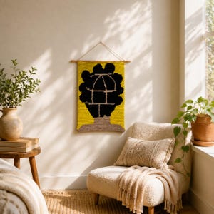 Puede incluir: Un tapiz rectangular con fondo amarillo y una silueta negra abstracta de cabeza y hombros. El dise&ntilde;o incluye un dibujo lineal blanco de una jaula de p&aacute;jaros dentro de la forma negra. Cuelga de un soporte de madera con una cuerda.