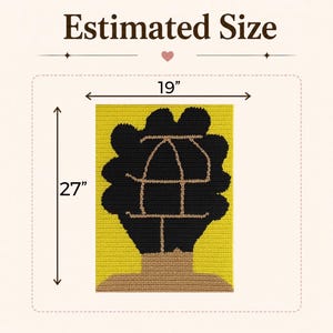 Puede incluir: Una alfombra rectangular con mechones, fondo amarillo y la silueta negra de una persona con peinado afro. Un cuello y hombros de color canela est&aacute;n en la base, con el contorno canela de una jaula sobre el cabello. Mide 48,26 cm por 68,58 cm.