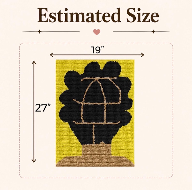Puede incluir: Una alfombra rectangular con mechones, fondo amarillo y la silueta negra de una persona con peinado afro. Un cuello y hombros de color canela est&aacute;n en la base, con el contorno canela de una jaula sobre el cabello. Mide 48,26 cm por 68,58 cm.