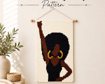 Patrón de tapiz de ganchillo de mujer negra / Arte mural cultural con puño en alto (descarga en PDF)