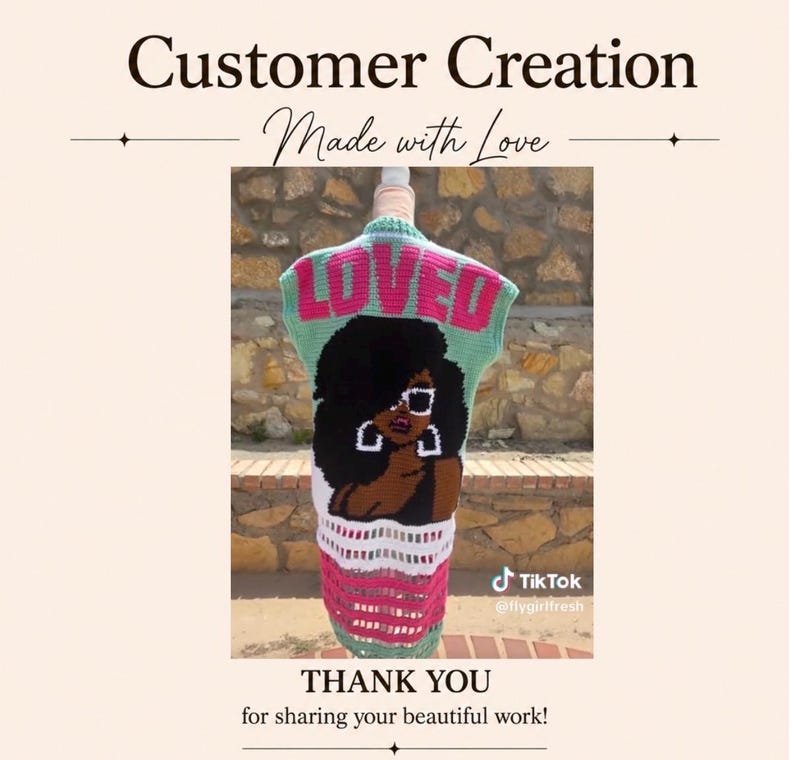 May include: A sleeveless crochet vest featuring a light green base with the word LOVED in large pink letters across the top. Below the text is a graphic of a person with dark hair, white sunglasses, and large hoop earrings, over a white and pink striped pattern.
