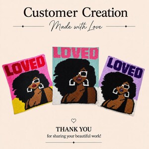 May include: Three rectangular crochet wall hangings featuring the word LOVED in bold letters above a graphic of a person with dark hair, sunglasses, and hoop earrings. The designs use pink, yellow, light blue, white, and purple yarn colors.