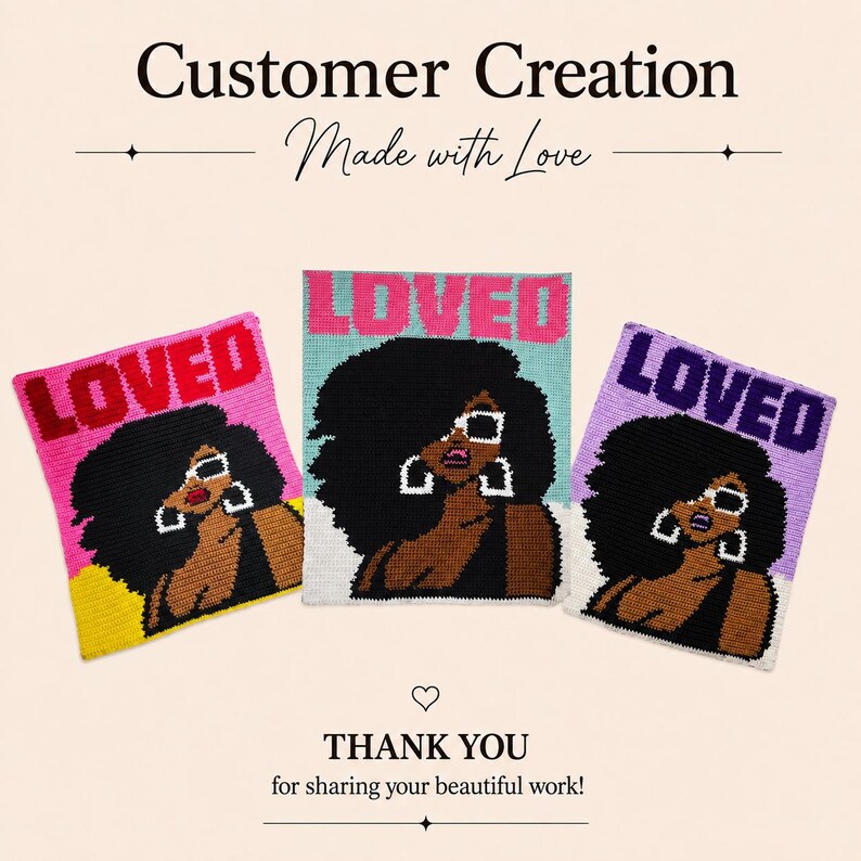 May include: Three rectangular crochet wall hangings featuring the word LOVED in bold letters above a graphic of a person with dark hair, sunglasses, and hoop earrings. The designs use pink, yellow, light blue, white, and purple yarn colors.