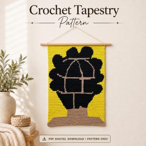 May include: A crochet tapestry pattern featuring a yellow background with a black silhouette of a person's head and hair, accented by light brown lines forming a cage design. The text reads Crochet Tapestry Pattern and PDF DIGITAL DOWNLOAD.