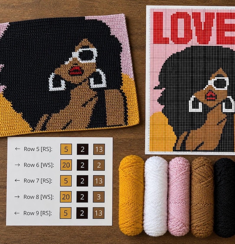 May include: A crochet project featuring a person with large black hair, white sunglasses, and hoop earrings, alongside a grid pattern chart with the word LOVE, a row-by-row instruction sheet, and five skeins of yarn in mustard, white, pink, tan, and black.