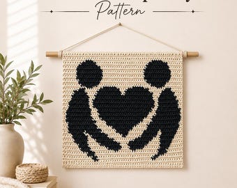 Patrón de ganchillo para pareja sosteniendo un corazón / Mini tapiz decorativo para pared (descarga en PDF)