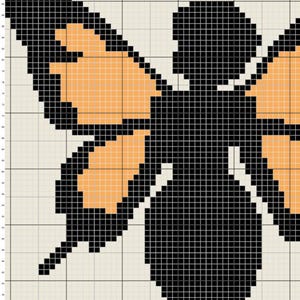Può includere: Un modello a punto croce di una farfalla con ali nere e arancioni. La farfalla è centrata su uno sfondo a griglia. Le ali sono arancioni con contorni e dettagli neri. Il corpo è nero.