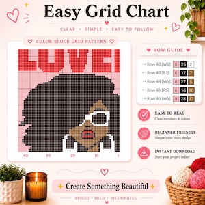 May include: An Easy Grid Chart pattern for a craft project featuring a pixelated illustration of a person with dark hair, white sunglasses, and hoop earrings. The chart includes a row guide with numbered color blocks and the text LOVE at the top.