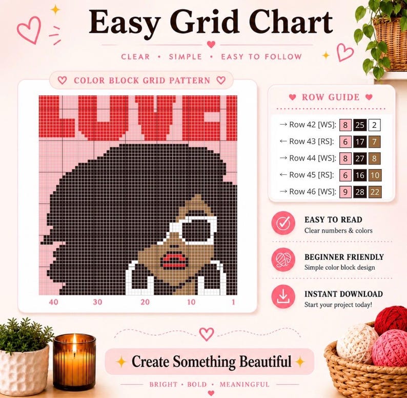 May include: An Easy Grid Chart pattern for a craft project featuring a pixelated illustration of a person with dark hair, white sunglasses, and hoop earrings. The chart includes a row guide with numbered color blocks and the text LOVE at the top.