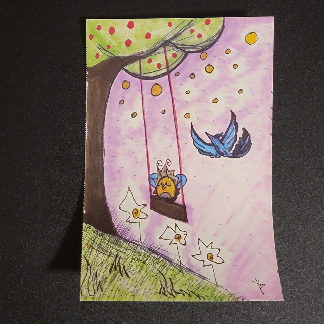 Original Marker Drawing Happy Bird and Swingset Handmade Original