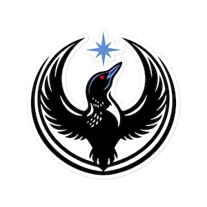 Peut inclure: Un autocollant représentant un oiseau noir stylisé aux ailes déployées, un œil rouge et un bec bleu, sur fond blanc. Au-dessus de l'oiseau se trouve une étoile bleu clair. L'oiseau est entouré d'un motif noir et blanc.