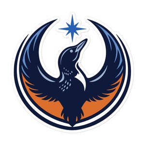 Peut inclure: Autocollant représentant un oiseau stylisé aux ailes déployées, dans des tons bleu marine, orange et bleu clair. Une étoile bleue est au-dessus de la tête de l'oiseau. Le design est circulaire avec une bordure blanche.