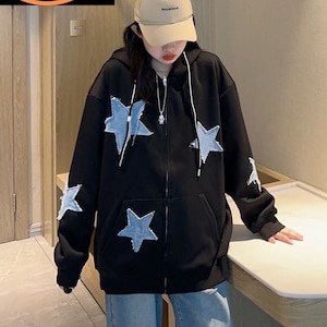 Y2K Star Zip Up Hoodie, Unisex Patchwork Stitch Sweatshirt, High Street Hip Hop Vintage Sweater, Grunge Retro Style Harajuku Hoodie