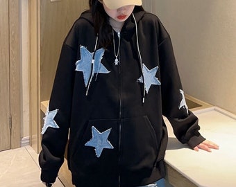 Y2K Star Zip Up Hoodie, Unisex Patchwork Stitch Sweatshirt, High Street Hip Hop Vintage Sweater, Grunge Retro Style Harajuku Hoodie