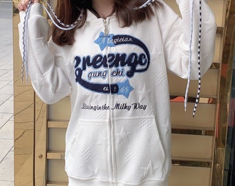 Y2K Zip Up Embroidered Hoodie, Grunge Streetwear Retro Style Sweater, Korean Style Harajuku Sweatshirt, High Street American Streetwear